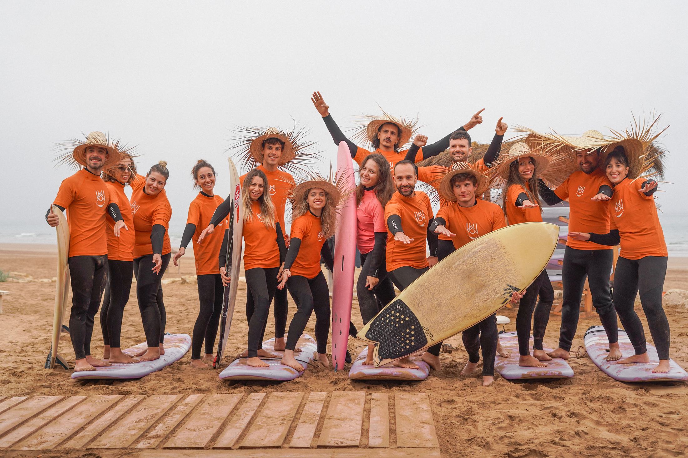 The Wave Rise team and guests on the beach at Agadir fetchpriority=