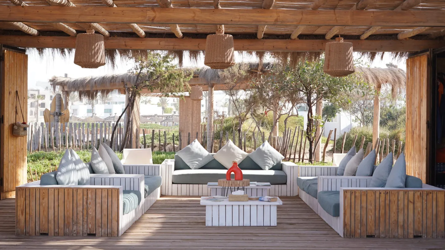 The shaded lounge area at the Wave Rise beach base in Agadir